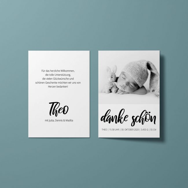 Theo - Schlichte Dankeskarte zur Geburt in S/W im A6 Format