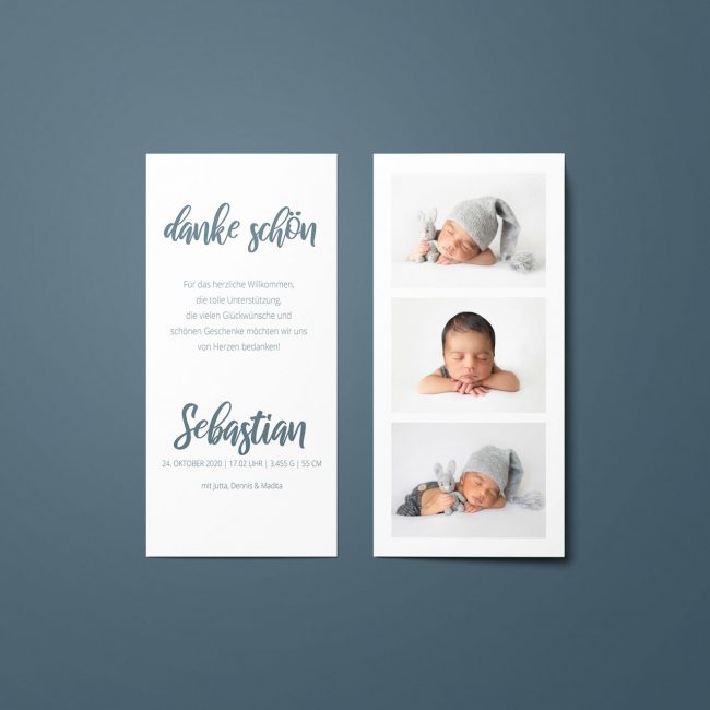 Sebastian - Dankeskarte zur Geburt 3er Foto Reihe und Typo Format: Din Lang