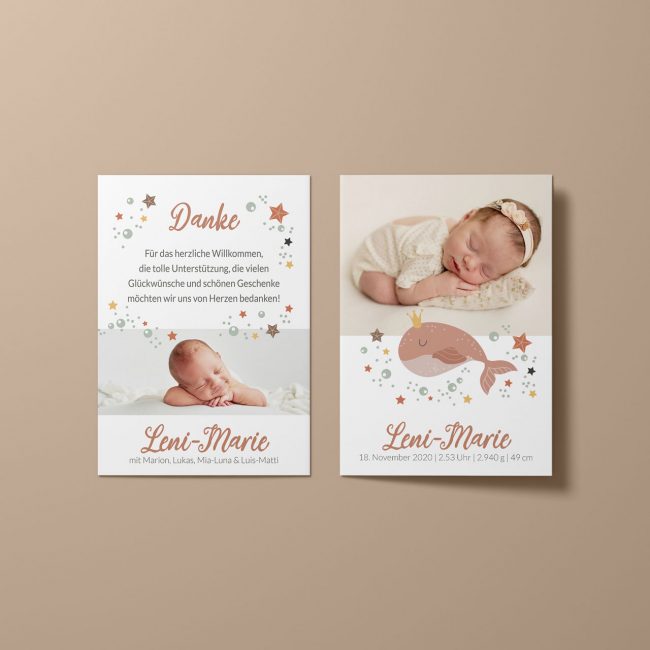 Leni-Marie - Dankeskarte zur Geburt mit rosa Wal im A6 Format