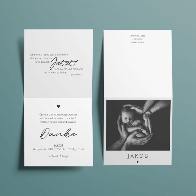 Jakob - Schlichte S/W Dankeskarte zur Geburt