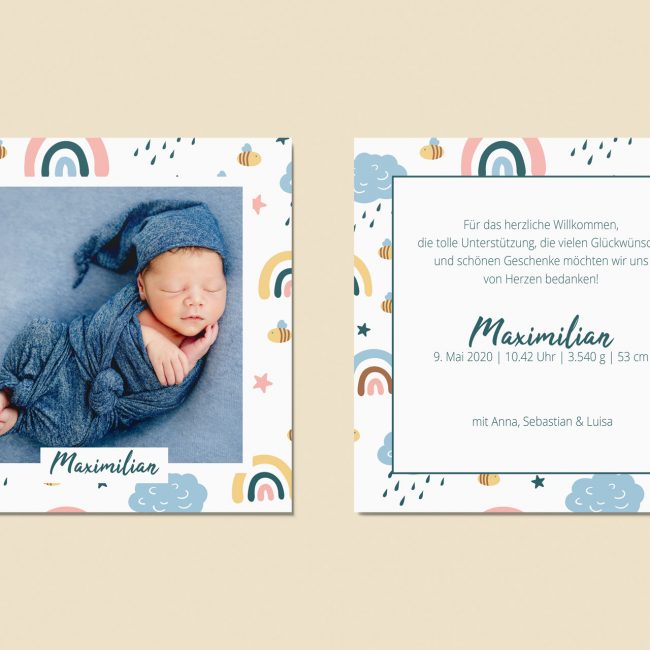 Maximilian - Quadratische Dankeskarte zur Geburt im All Over Print Regenbogen