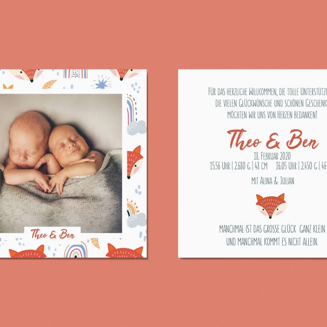 Theo & Ben - Quadratische Dankeskarte zur Geburt im All Over Print