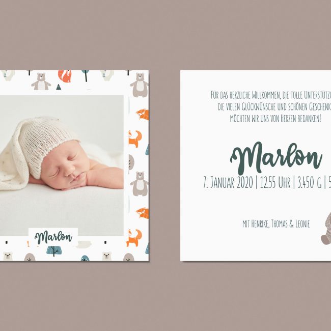 Marlon - Quadratische Dankeskarte zur Geburt im All Over Teddy Print