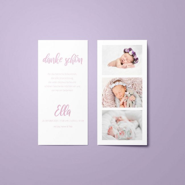 Ella - Dankeskarte zur Geburt 3er Foto Reihe und Typo Format: Din Lang