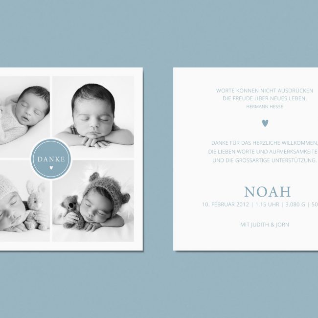 Noah - Schlichte Quadratische Dankeskarte mit 4 Fotos und Herz Motiv