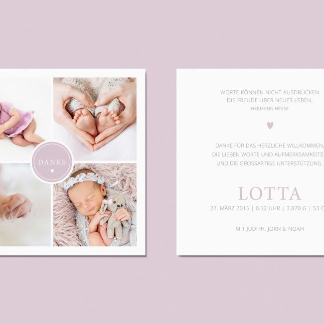 Lotta - Schlichte Quadratische Dankeskarte mit 4 Fotos und Herz Motiv